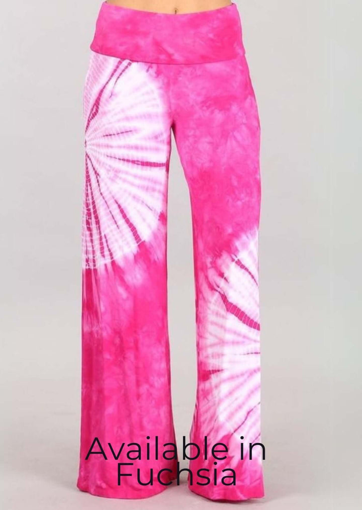 USA Made Fuchsia & White Casual Tie Dye Palazzo Pants Soft & comfortable design with a wide fold over waistband | Classy Cozy Cool Women's Made in USA Boutique