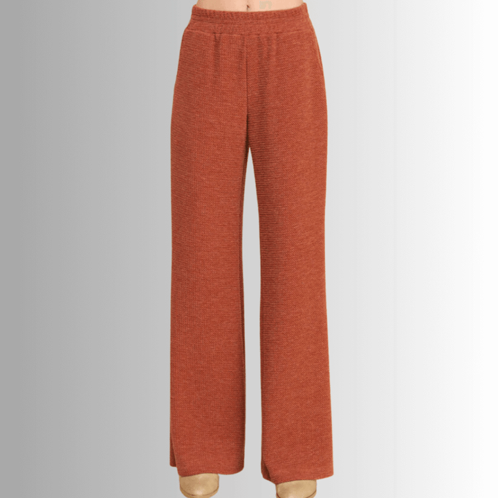 If She Loves Style# ISP1054AR | Ari Pant - Women's USA Made Elastic Waist Casual Knitted Pants in Camel Brown | Classy Cozy Cool Women's Made in America Clothing Boutique