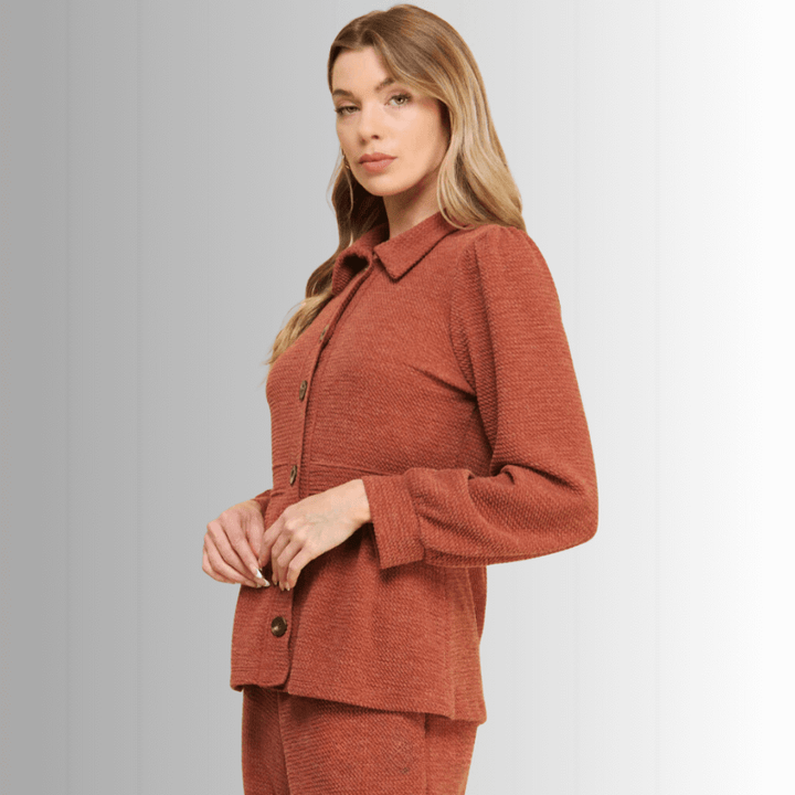 If She Loves Style# JK024A | Ari Jacket - Ladies USA Made Button Down Knitted Jacket in Camel Brown | Classy Cozy Cool Women's Made in America Boutique