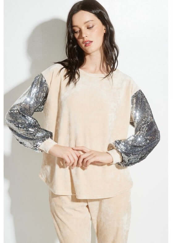 USA Made Women's Champagne Velvet Track Suit with Sequins Sleeves | Perfect Casual Glam Outfit | Classy Cozy Cool Women's Made in USA Boutique