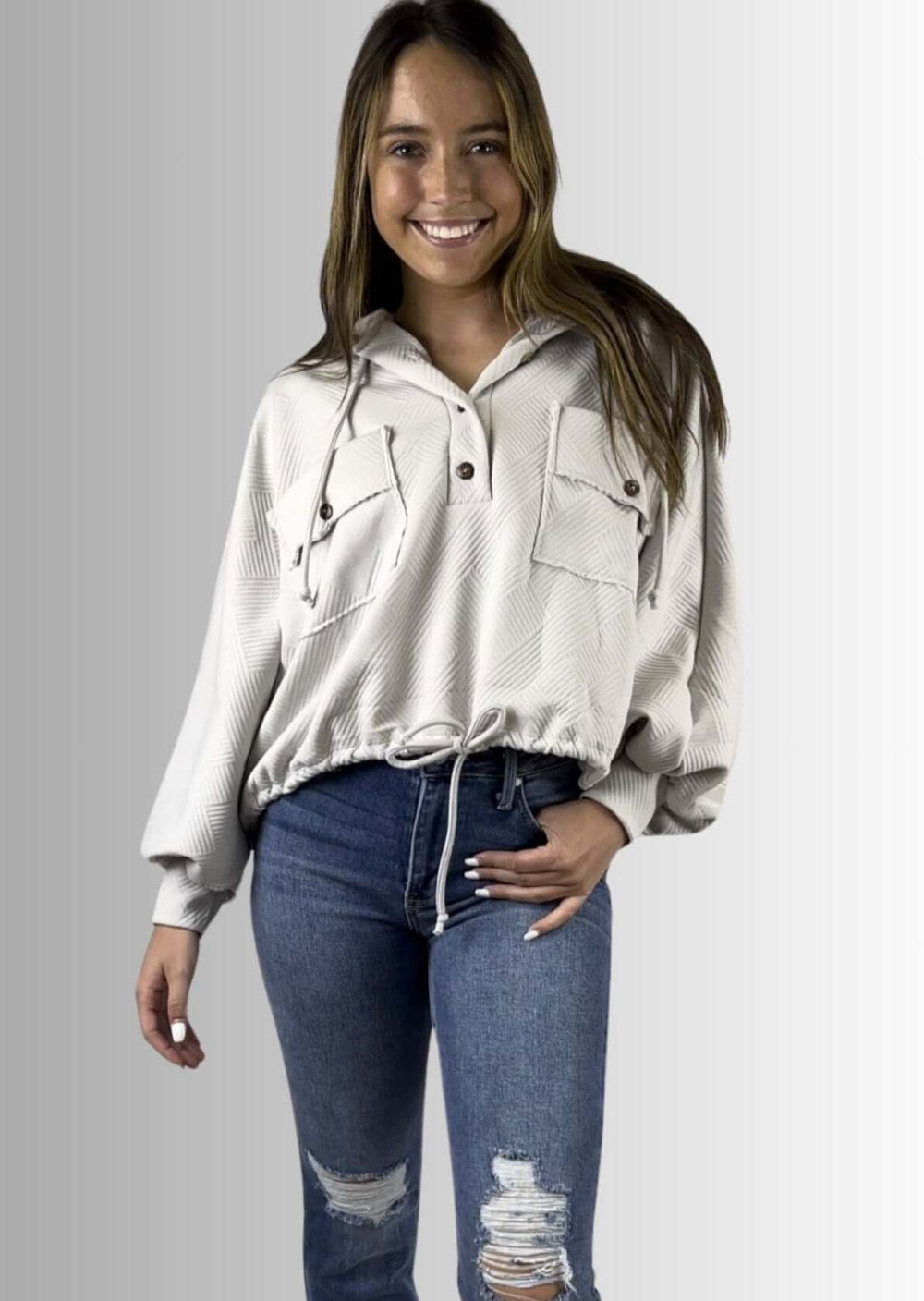 Made in USA Women's Textured Knit Hoodie with Draw string for Hood & at Waist, Button up Collar, Exaggerated Chest Pockets | Bucket List Clothing Style T1890