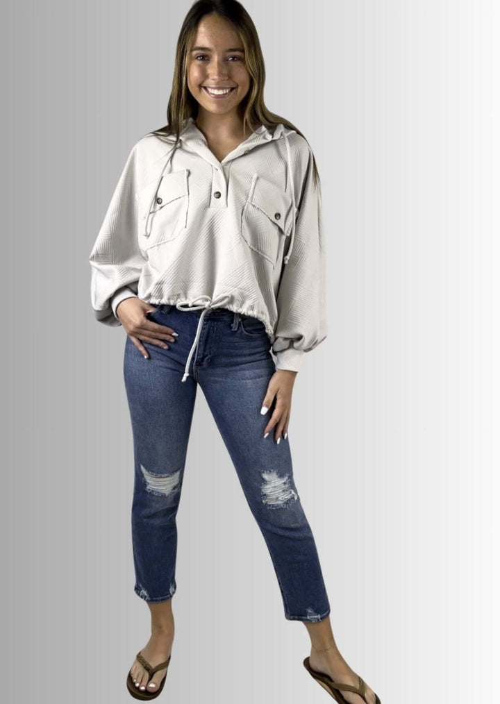 Made in USA Women's Textured Knit Hoodie with Draw string for Hood & at Waist, Button up Collar, Exaggerated Chest Pockets | Bucket List Clothing Style T1890