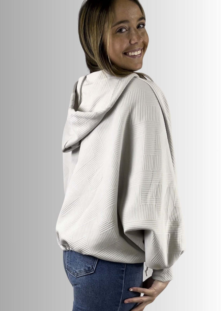 Made in USA Women's Textured Knit Hoodie with Draw string for Hood & at Waist, Button up Collar, Exaggerated Chest Pockets | Bucket List Clothing Style T1890