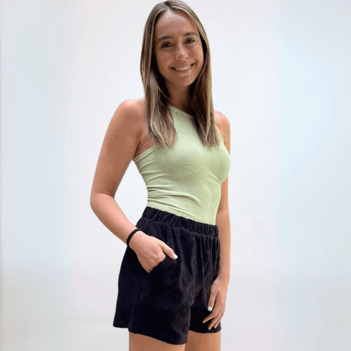 Made in USA Women's Floral Daisy Embossed Textured Shorts in Black | Classy Cozy Cool Made in America Boutique