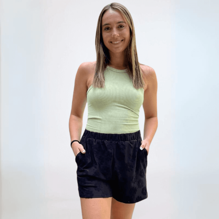 Made in USA Women's Floral Daisy Embossed Textured Shorts in Black | Classy Cozy Cool Made in America Boutique