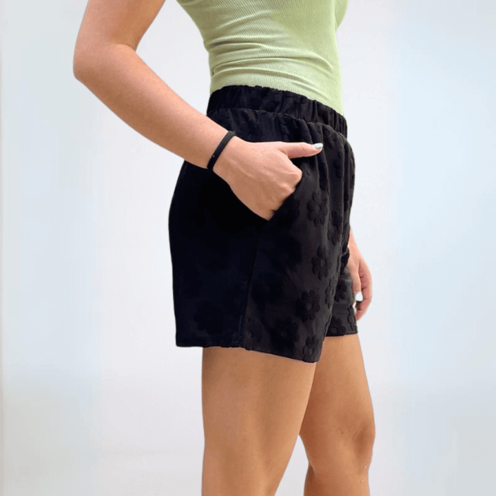 Made in USA Women's Floral Daisy Embossed Textured Shorts in Black | Classy Cozy Cool Made in America Boutique