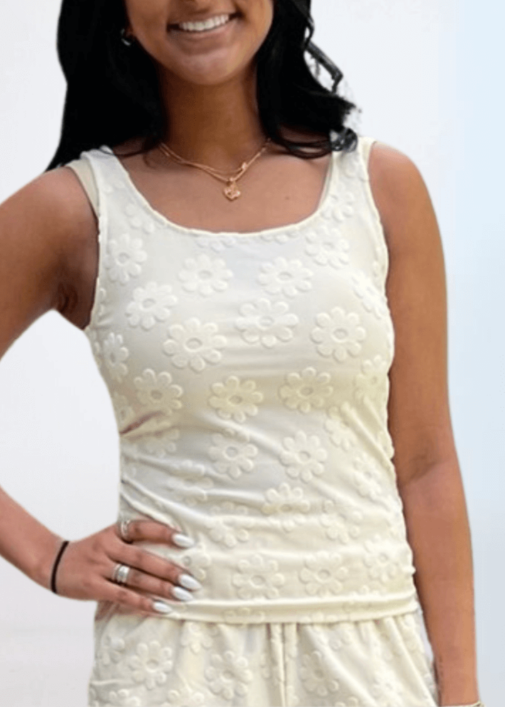 Made in USA Women's Soft Textured Daisy Embossed Detail Tank Top With Square Round Neckline in Cream | Classy Cozy Cool Made in America Boutique