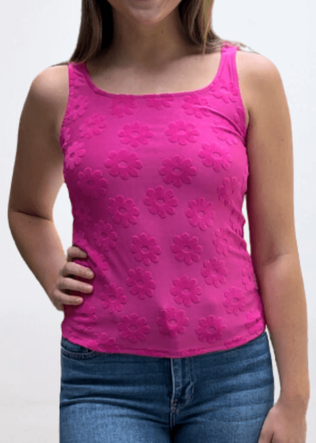 Made in USA Women's Soft Textured Daisy Embossed Detail Tank Top With Square Round Neckline in Fuchsia | Classy Cozy Cool Made in America Boutique
