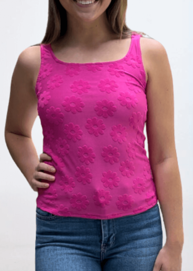 Made in USA Women's Soft Textured Daisy Embossed Detail Tank Top With Square Round Neckline in Fuchsia | Classy Cozy Cool Made in America Boutique
