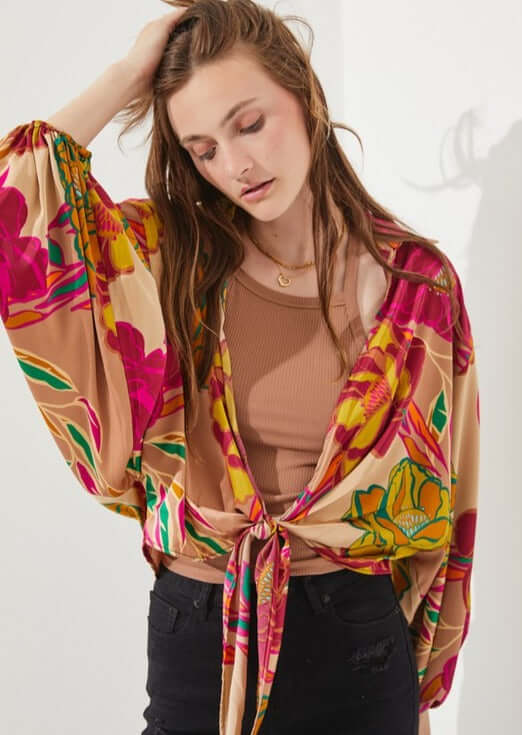 Made in USA Women's Tie Front Floral Kimono Cardigan with Puff Sleeves in Taupe, Fuchsia, Mustard & Green Floral Pattern | Classy Cozy Cool Women's Made in America Boutique