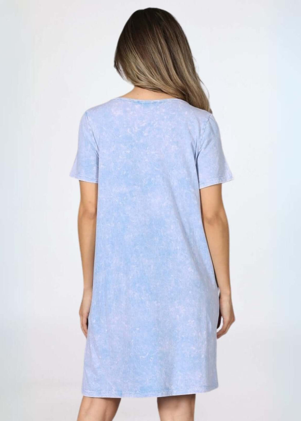 USA Made Ladies Mineral Washed Casual Cotton Short Sleeve Above Knee Length Dress with Pockets | Style# C60596 | Classy Cozy Cool Women's Made in America Boutique