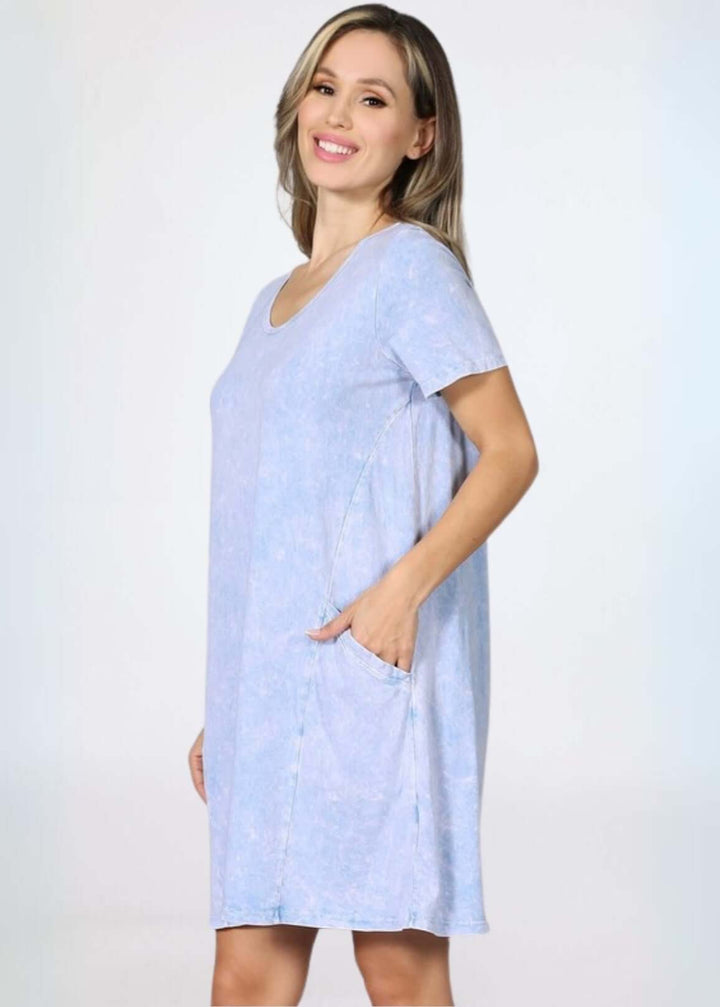 USA Made Ladies Mineral Washed Casual Cotton Short Sleeve Above Knee Length Dress with Pockets | Style# C60596 | Classy Cozy Cool Women's Made in America Boutique
