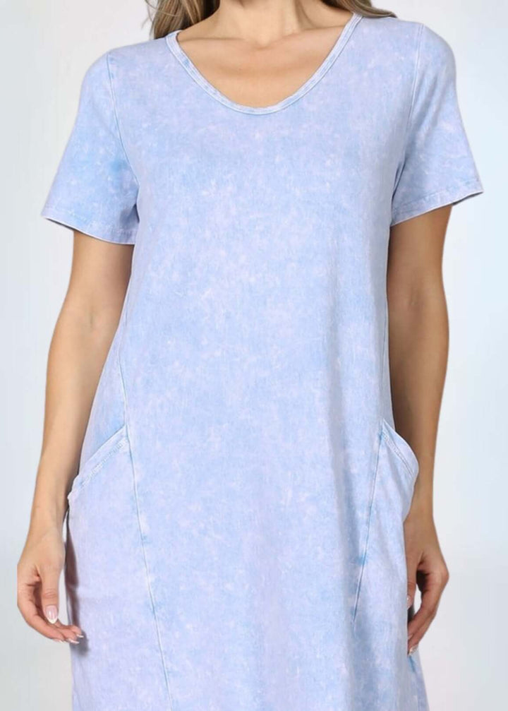 USA Made Ladies Mineral Washed Casual Cotton Short Sleeve Above Knee Length Dress with Pockets | Style# C60596 | Classy Cozy Cool Women's Made in America Boutique