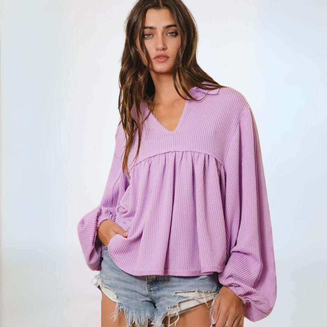 Textured Women's Baby Doll Bubble Sleeve Top in Lilac | Bucket List Clothing Style # T1902 |  Made in USA | Classy Cozy Cool Women’s Clothing Boutique