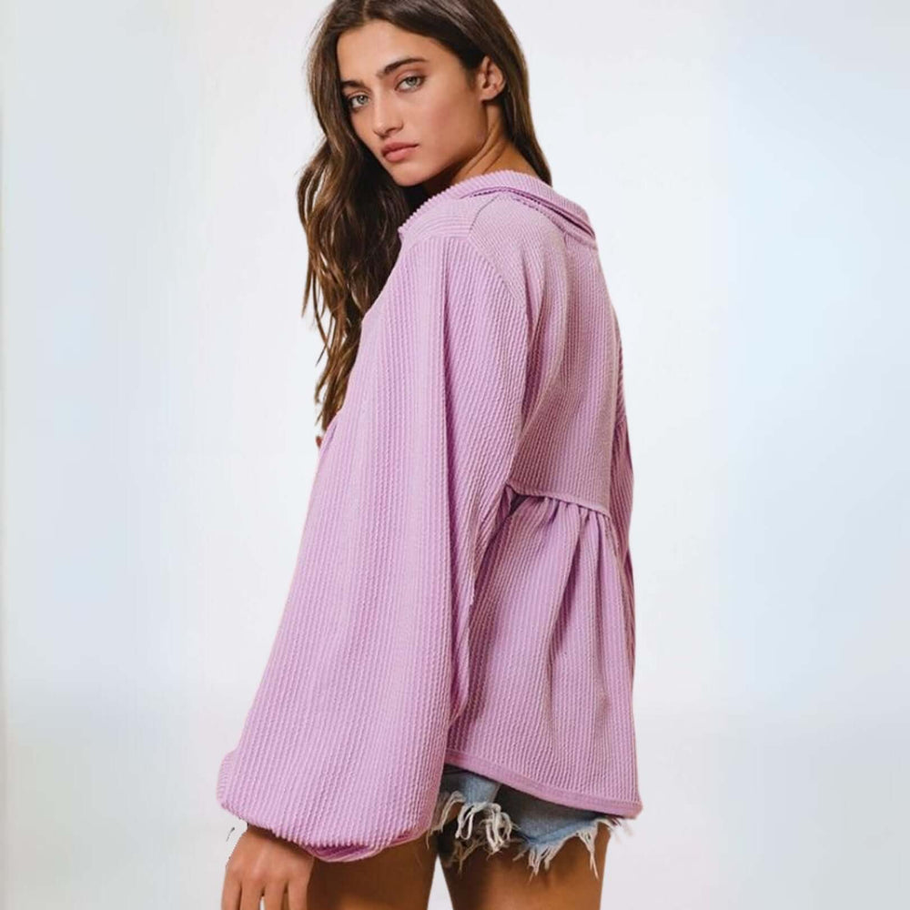 Textured Women's Baby Doll Bubble Sleeve Top in Lilac | Bucket List Clothing Style # T1902 |  Made in USA | Classy Cozy Cool Women’s Clothing Boutique