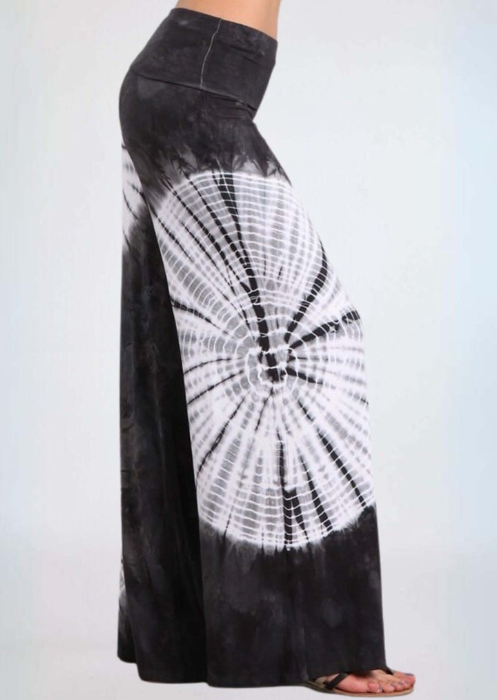 USA Made Women's Charcoal Grey & White Casual Tie Dye Palazzo Pants |  Soft & comfortable design with a wide fold over waistband | Classy Cozy Cool Made in America Boutique