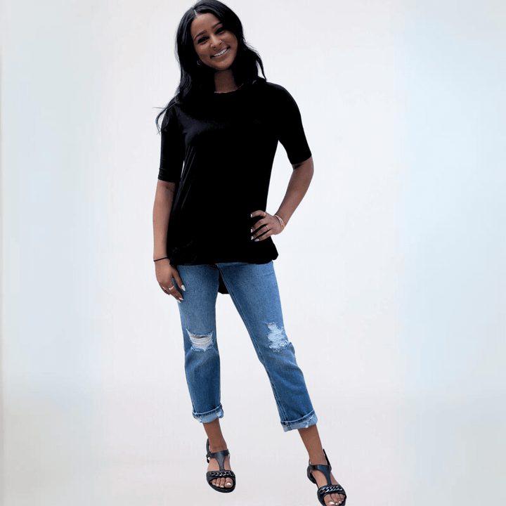 Made in USA Women's Bamboo Ruffle Hem Short Sleeve High Low Tunic Top with Boat Neckline in Black | Classy Cozy Cool Made in America Boutique