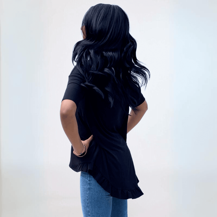 Made in USA Women's Bamboo Ruffle Hem Short Sleeve High Low Tunic Top with Boat Neckline in Black | Classy Cozy Cool Made in America Boutique