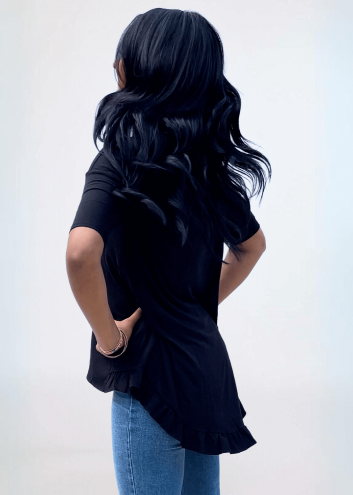 Made in USA Women's Bamboo Ruffle Hem Short Sleeve High Low Tunic Top with Boat Neckline in Black | Classy Cozy Cool Made in America Boutique
