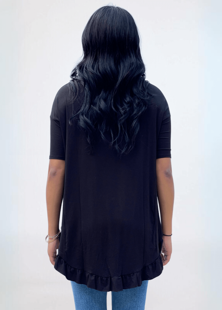 Made in USA Women's Bamboo Ruffle Hem Short Sleeve High Low Tunic Top with Boat Neckline in Black | Classy Cozy Cool Made in America Boutique