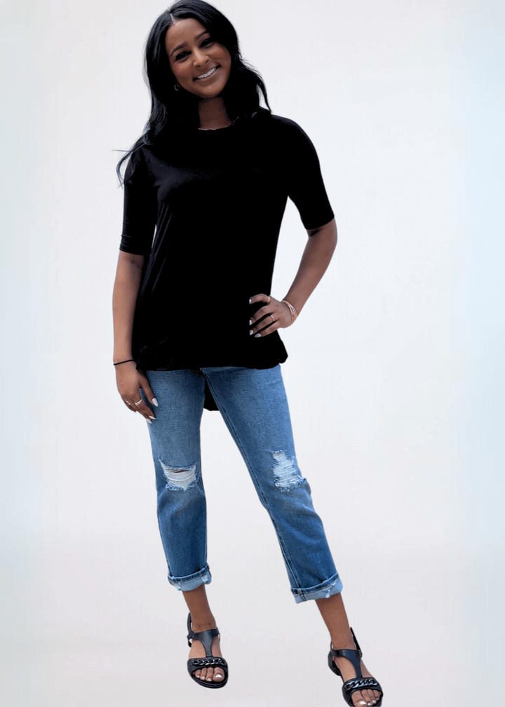 Made in USA Women's Bamboo Ruffle Hem Short Sleeve High Low Tunic Top with Boat Neckline in Black | Classy Cozy Cool Made in America Boutique