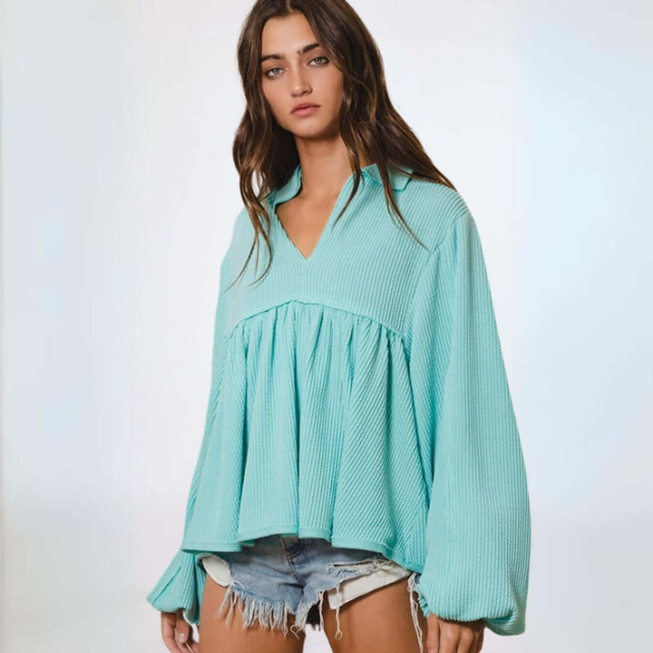Textured Aqua Blue Women's Baby Doll Bubble Sleeve Top | Bucket List Clothing | Style # T1902 | Made in USA | Classy Cozy Cool Women’s Clothing Boutique