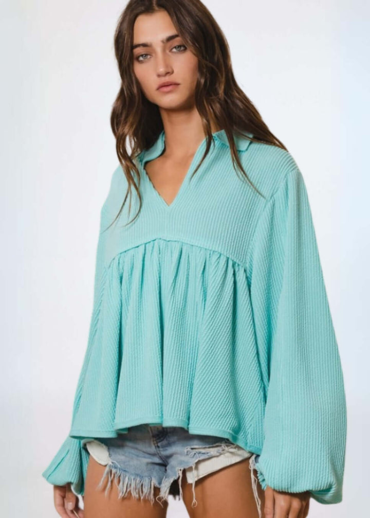 Textured Aqua Blue Women's Baby Doll Bubble Sleeve Top | Bucket List Clothing | Style # T1902 | Made in USA | Classy Cozy Cool Women’s Clothing Boutique