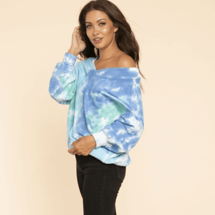 USA Made Ladies French Terry Vibrant Blue Green Tie Dye Double V-Neck Sweatshirt | Made in USA | Classy Cozy Cool Women's American Boutique