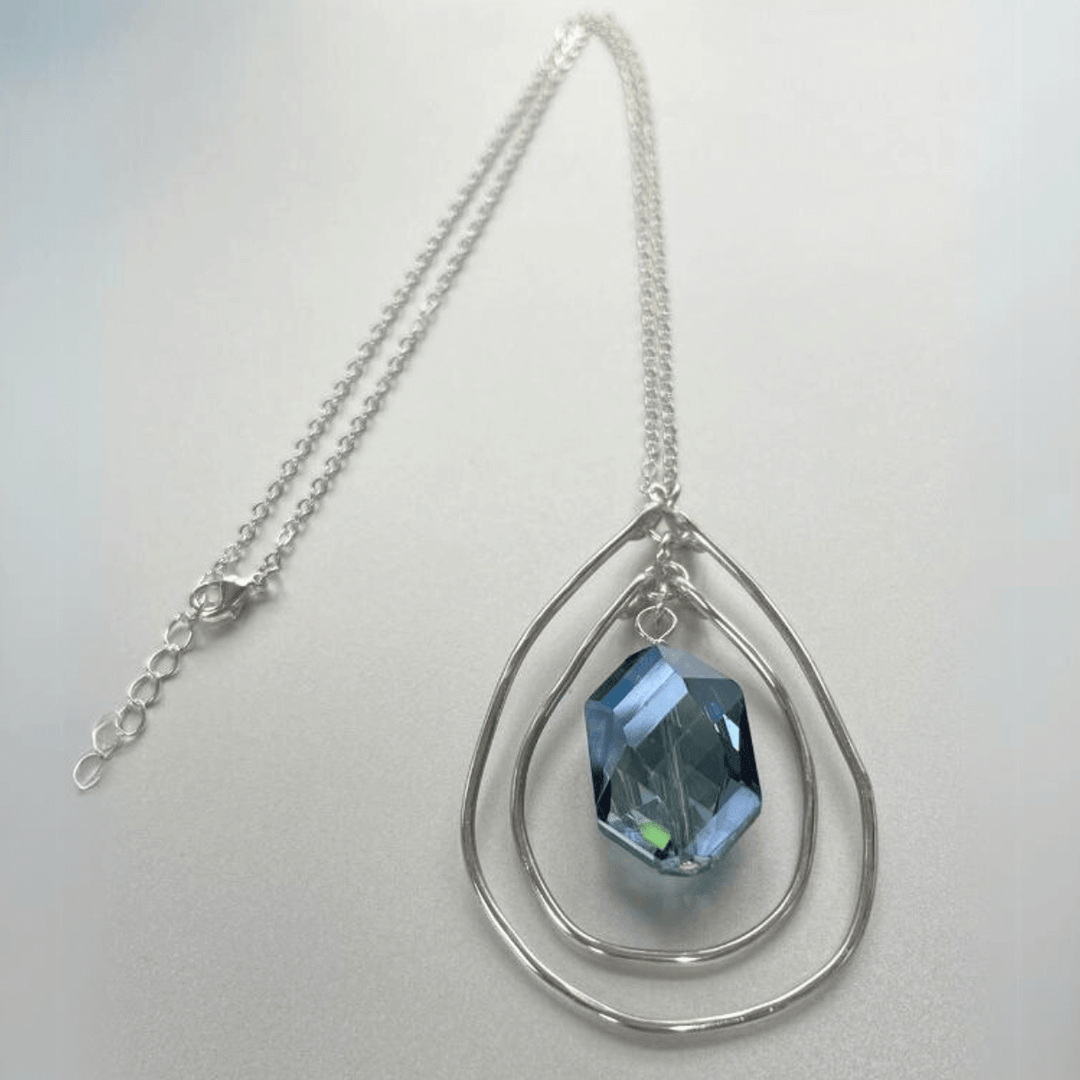 Hand Made in USA Women's Crystal Necklace with Silver Rectangle Frame  and Blue Crystal with silver Chain | Classy Cozy Cool Women's Made in America Boutique