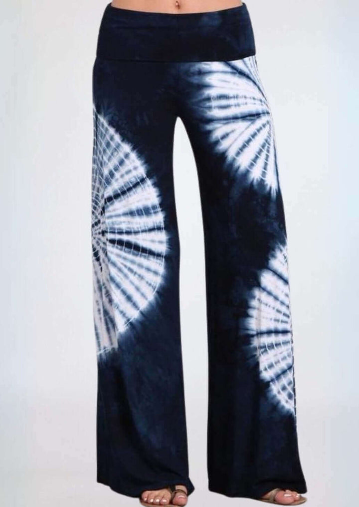 USA Made Women's Navy & White Casual Tie Dye Palazzo Pants |  Soft & comfortable design with a wide fold over waistband | Classy Cozy Cool Made in America Boutique