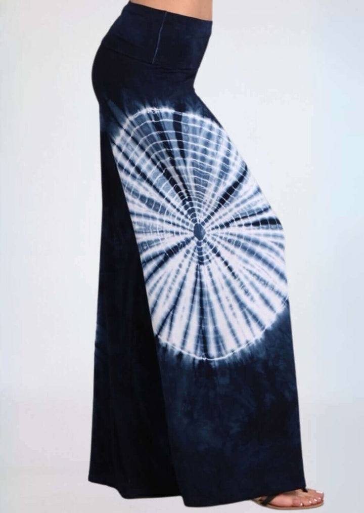 USA Made Women's Navy & White Casual Tie Dye Palazzo Pants |  Soft & comfortable design with a wide fold over waistband | Classy Cozy Cool Made in America Boutique