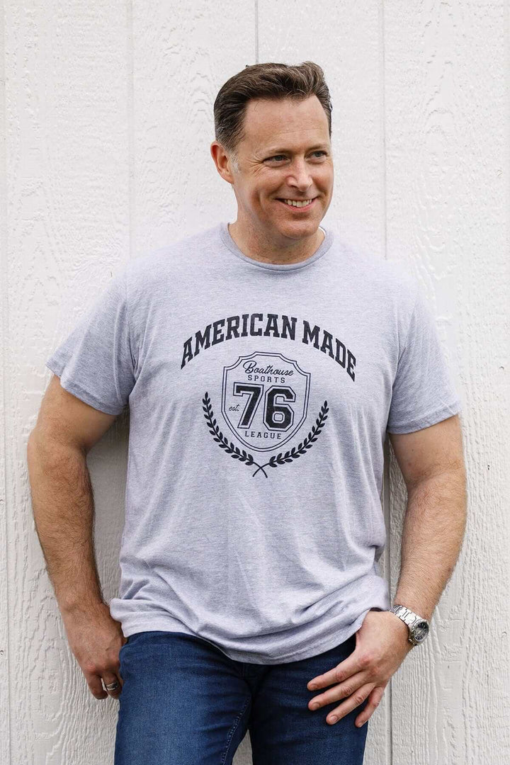 Made in USA Boathouse Graphic Cotton Short Sleeve T-Shirt with different Graphics to Choose from in White, Navy or Gray