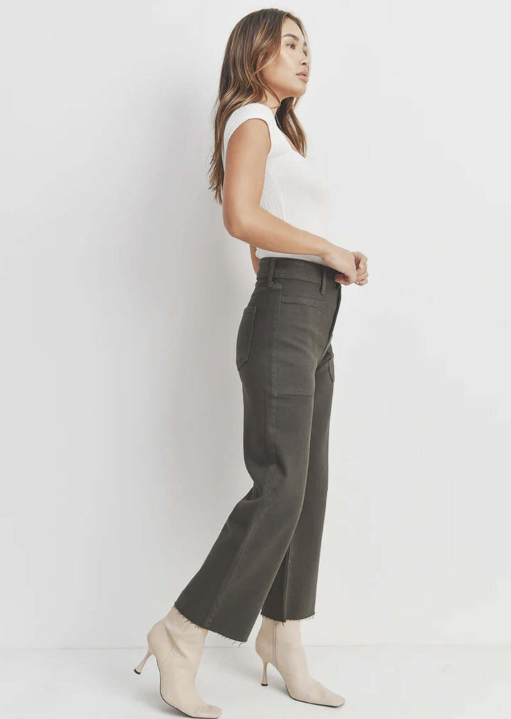 Women's Cropped Dark Olive Sailor Patch Pocket Denim Jeans Made in USA | Just Black Denim Style BP353J | Classy Cozy Cool Women's Made in America Clothing Boutique