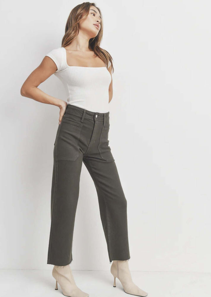 Women's Cropped Dark Olive Sailor Patch Pocket Denim Jeans Made in USA | Just Black Denim Style BP353J | Classy Cozy Cool Women's Made in America Clothing Boutique