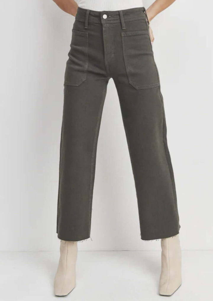 Women's Cropped Dark Olive Sailor Patch Pocket Denim Jeans Made in USA | Just Black Denim Style BP353J | Classy Cozy Cool Women's Made in America Clothing Boutique