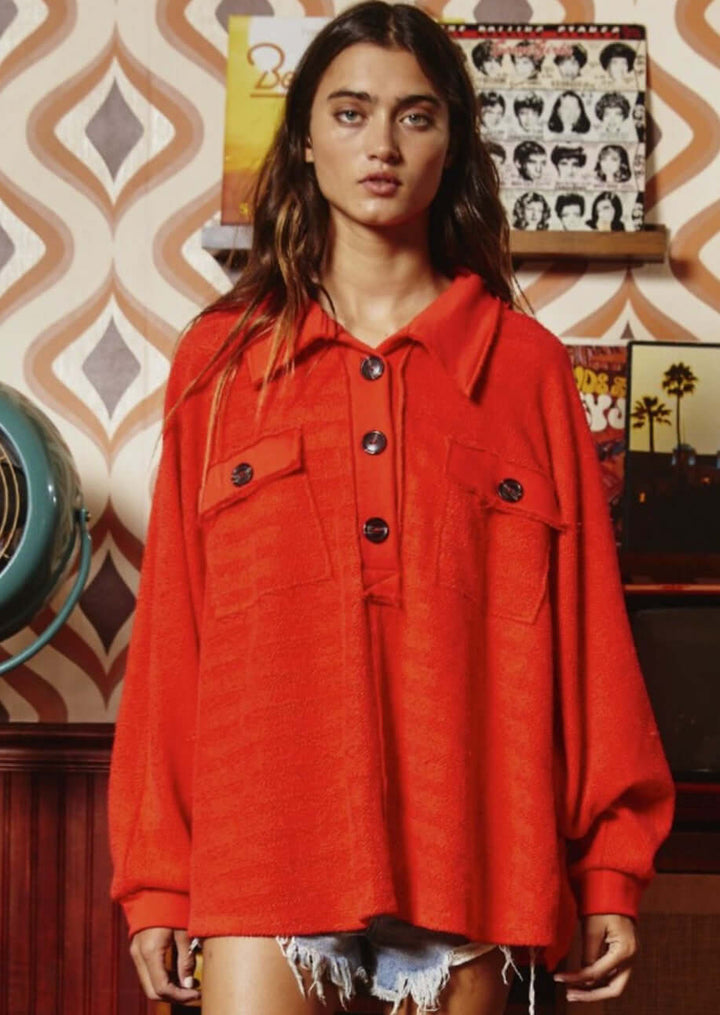 Bucket List Clothing Style# T1578 | Bright Red Ladies French Terry Cotton Pullover Henley with Wide Collar & Large Pockets | Made in USA | Classy Cozy Cool Women's Made in America Boutique