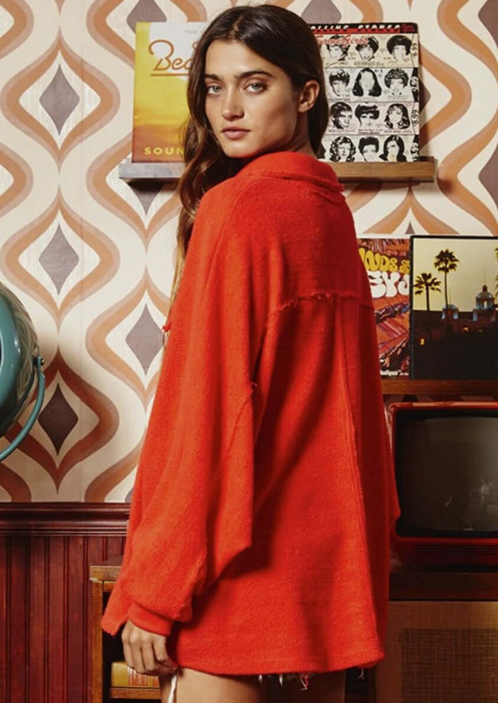 Bucket List Clothing Style# T1578 | Bright Red Ladies French Terry Cotton Pullover Henley with Wide Collar & Large Pockets | Made in USA | Classy Cozy Cool Women's Made in America Boutique