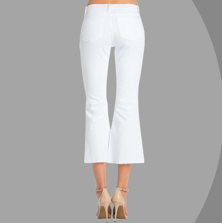 O2 Denim Ladies White Capri Denim Mid Rise Jeans with Raw Edge Hem Style# PT6011 | Made in USA | Classy Cozy Cool Women's Made in America Boutique