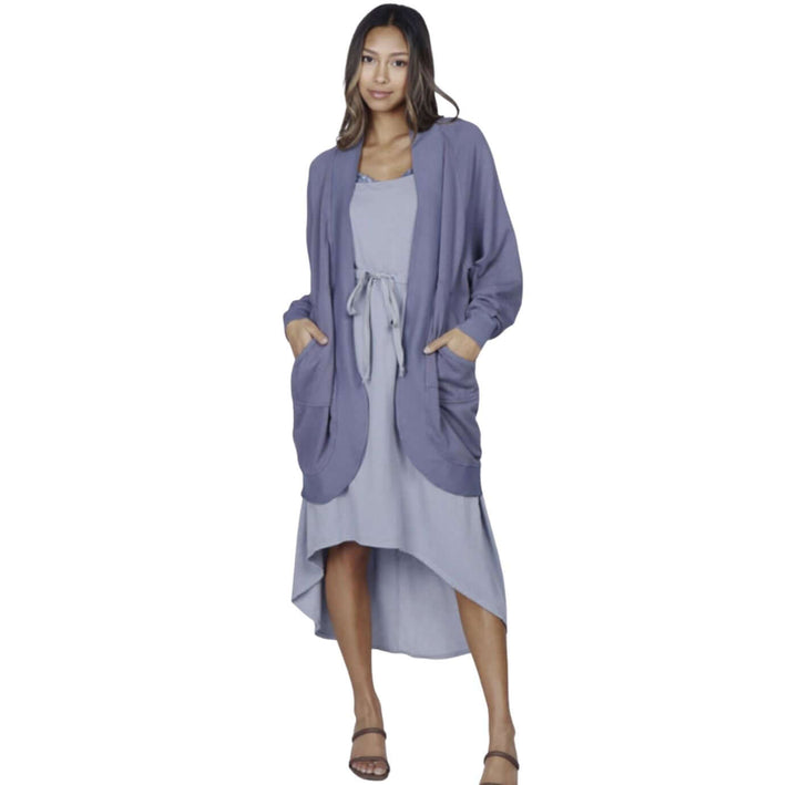 M. Rena Ladies French Terry Open Front Jacket in Indigo with large Pockets | Made in USA | Classy Cozy Cool American Made Boutique Clothing