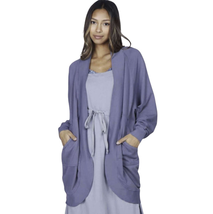 M. Rena Ladies French Terry Open Front Jacket in Indigo with large Pockets | Made in USA | Classy Cozy Cool American Made Boutique Clothing