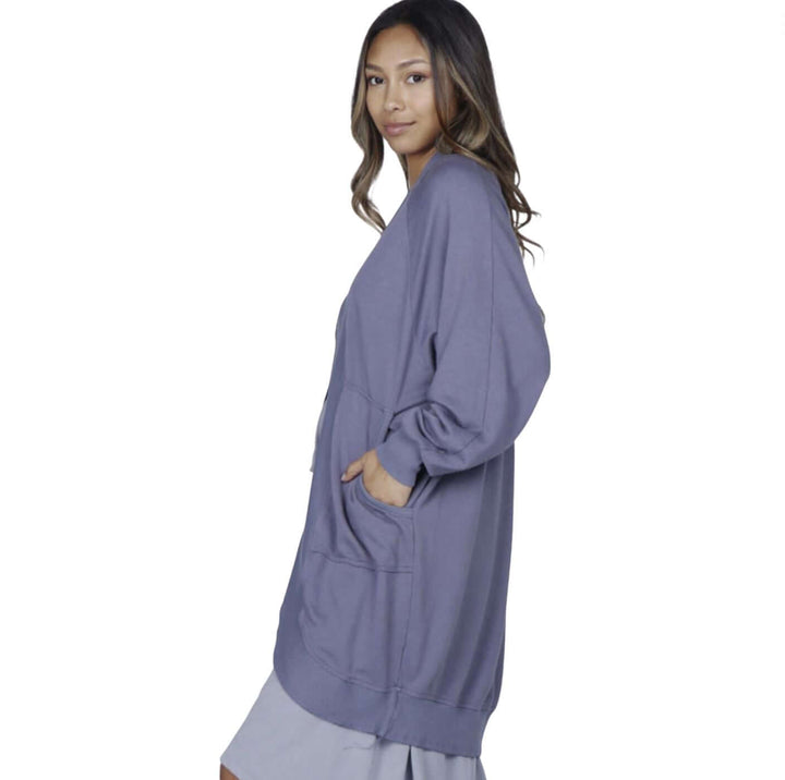 M. Rena Ladies French Terry Open Front Jacket in Indigo with large Pockets | Made in USA | Classy Cozy Cool American Made Boutique Clothing