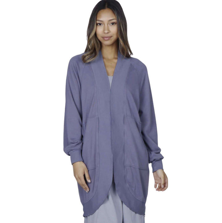 M. Rena Ladies French Terry Open Front Jacket in Indigo with large Pockets | Made in USA | Classy Cozy Cool American Made Boutique Clothing