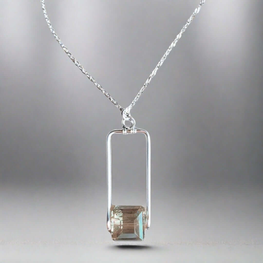 Hand Made in USA Women's Artisan Crafted Forged Rectangle Pendant with Champagne Crystal with silver Chain | Classy Cozy Cool Women's Made in America Boutique