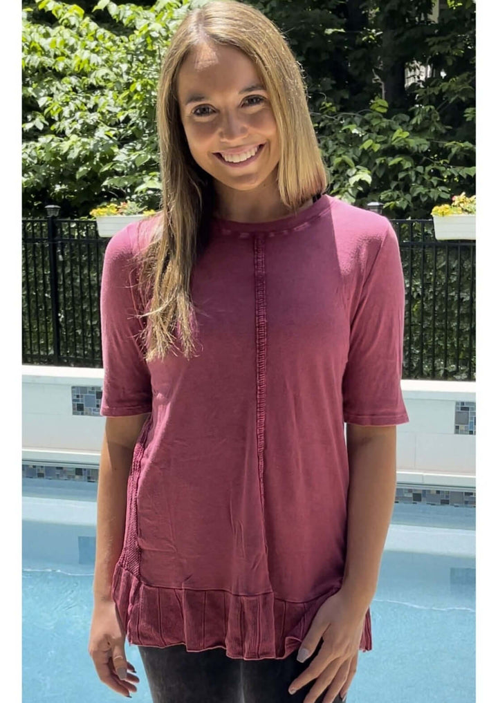 USA Made Feminine Flare Ladies Mineral Washed Tunic with Ruffle Hem & Pointelle Knit Back made of 50% Cotton & 50% Modal | Classy Cozy Cool Women's Made in America Clothing Boutique