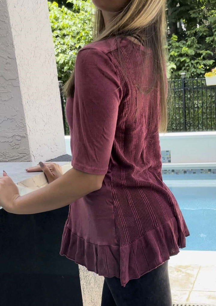 USA Made Feminine Flare Ladies Mineral Washed Tunic with Ruffle Hem & Pointelle Knit Back made of 50% Cotton & 50% Modal | Classy Cozy Cool Women's Made in America Clothing Boutique