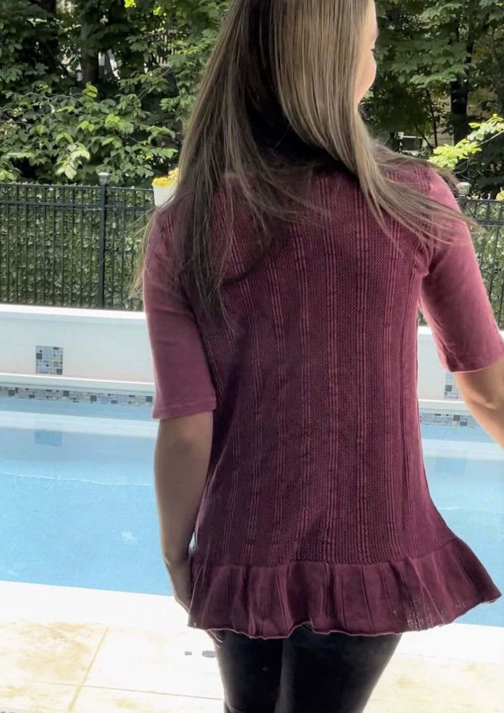 USA Made Feminine Flare Ladies Mineral Washed Tunic with Ruffle Hem & Pointelle Knit Back made of 50% Cotton & 50% Modal | Classy Cozy Cool Women's Made in America Clothing Boutique