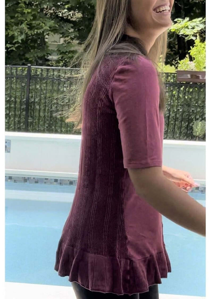 USA Made Feminine Flare Ladies Mineral Washed Tunic with Ruffle Hem & Pointelle Knit Back made of 50% Cotton & 50% Modal | Classy Cozy Cool Women's Made in America Clothing Boutique