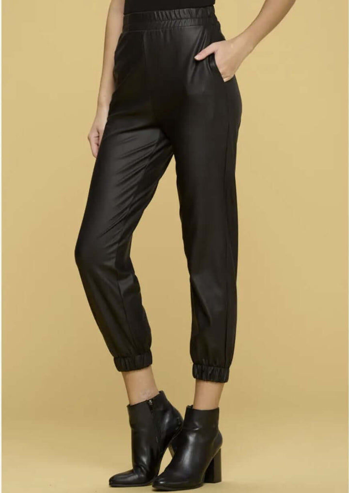 USA Made Black Faux Leather Jogger Style Pants Side Pockets Medium Weight Material Pull on Style with Elastic Waist | Renee C Style# 4122PTA