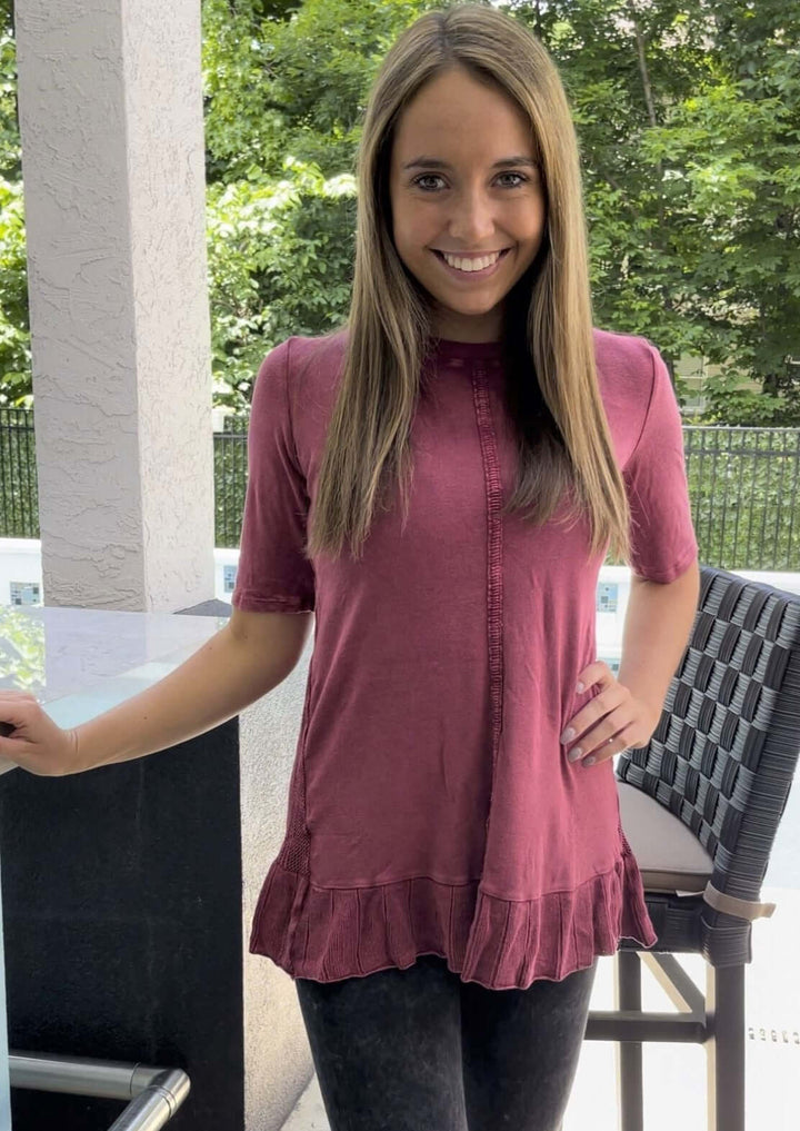 USA Made Feminine Flare Ladies Mineral Washed Tunic with Ruffle Hem & Pointelle Knit Back made of 50% Cotton & 50% Modal | Classy Cozy Cool Women's Made in America Clothing Boutique