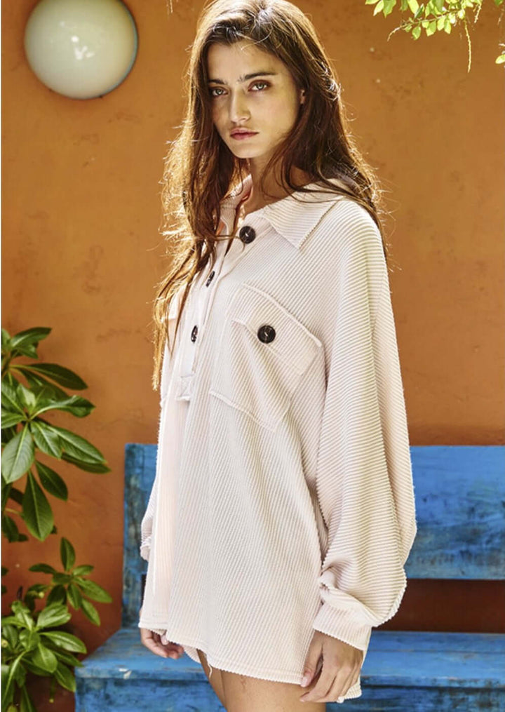 USA Made Ladies Ribbed Oversized Collared Button Down Henley Style Pullover With Large Front Pockets in cream | Bucket List Clothing Style# T1578